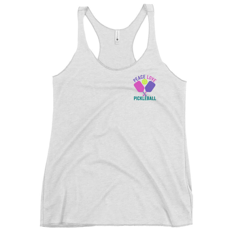 Women's Peace Love Pickleball Racerback Tank top in light gray, perfect for active and casual wear.