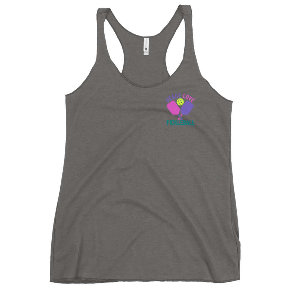 Women's gray racerback tank top with 'Peace Love Pickleball' graphic design.