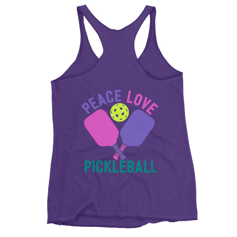 Women's purple racerback tank featuring 'Peace Love Pickleball' graphic design.