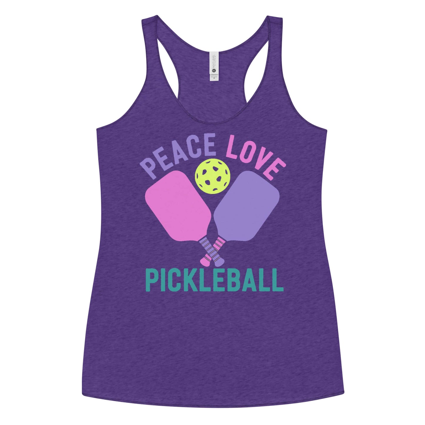 Women's purple racerback tank top with 'Peace Love Pickleball' graphic design.