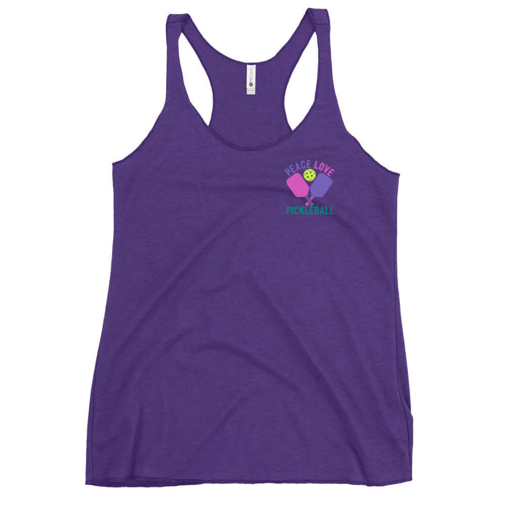 Women's purple racerback tank top featuring Peace, Love, Pickleball design, perfect for active and casual wear.
