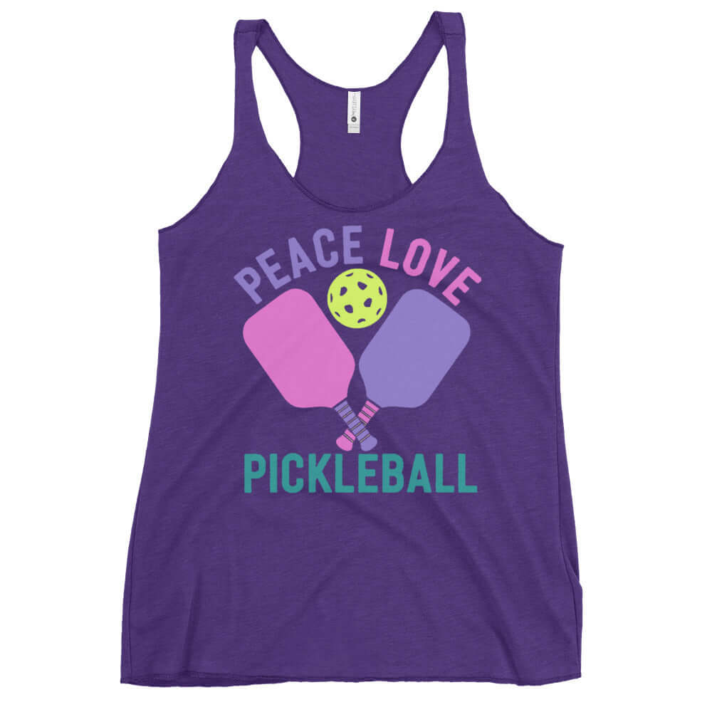 Women's purple racerback tank top with 'Peace Love Pickleball' graphic and pickleball paddles.