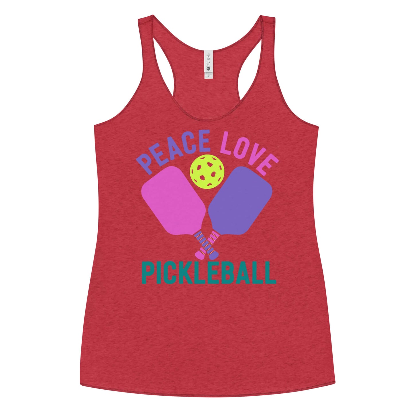 Red racerback tank top featuring 'Peace Love Pickleball' graphic with paddles and a ball.
