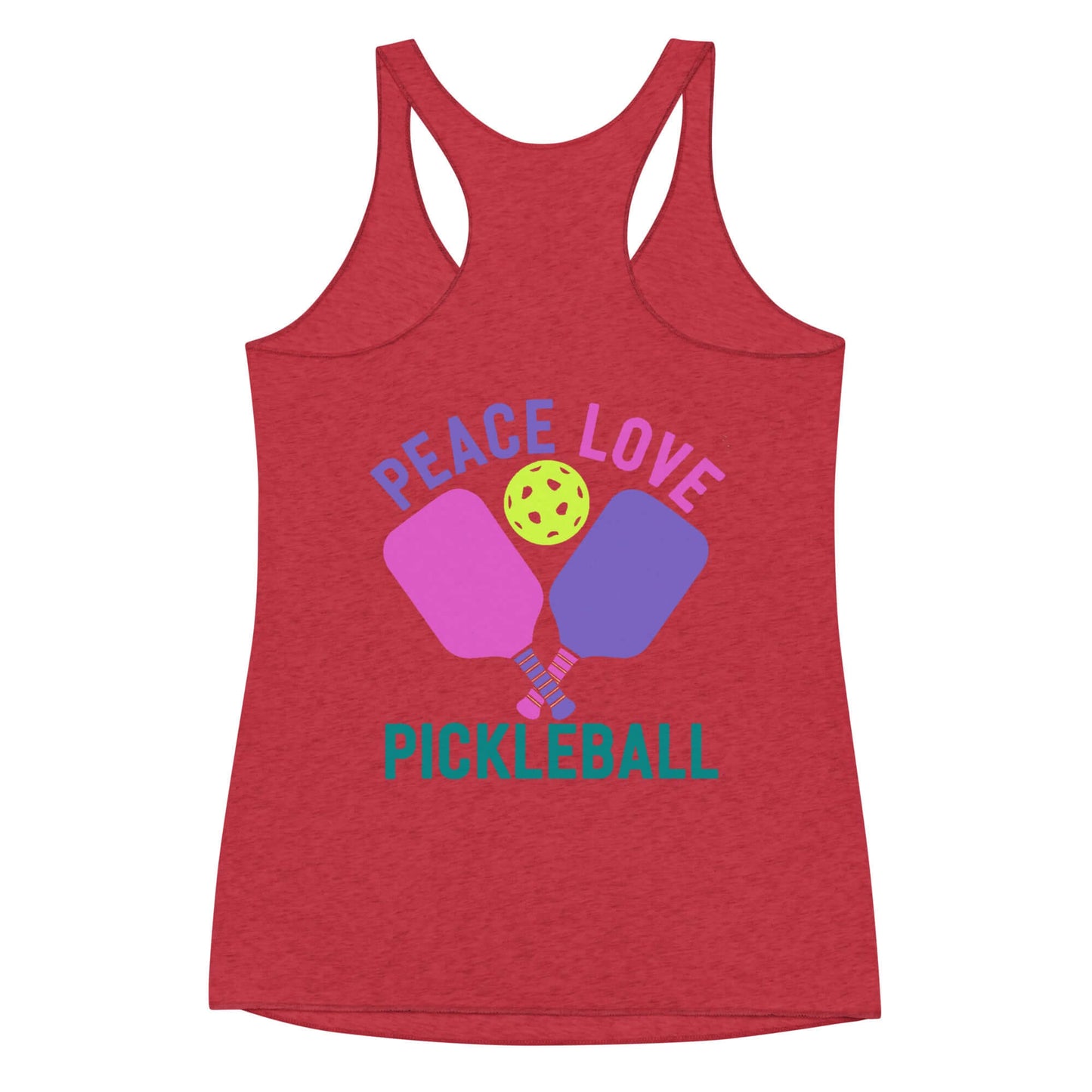 Women's red racerback tank featuring 'Peace Love Pickleball' with paddles and a ball design.
