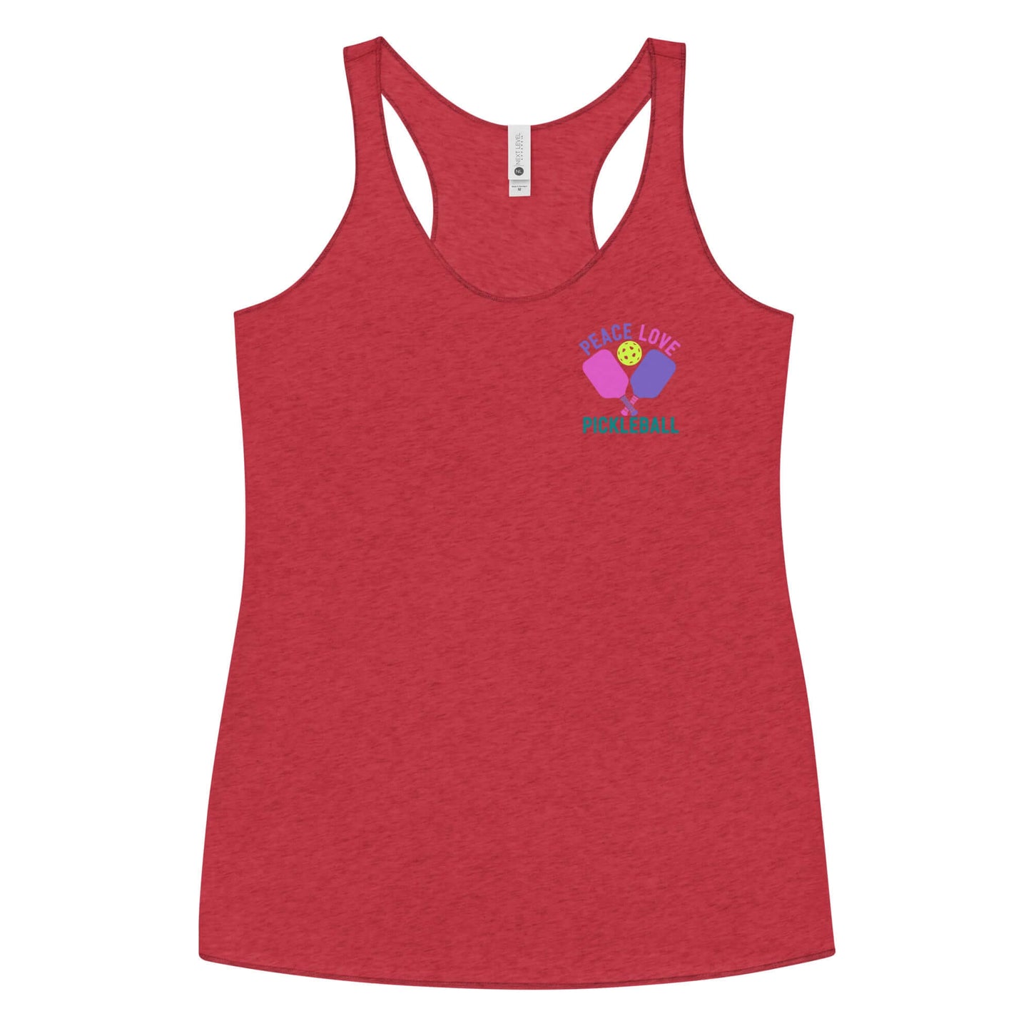 Red women's racerback tank top featuring 'Peace Love Pickleball' design, ideal for pickleball and casual wear.