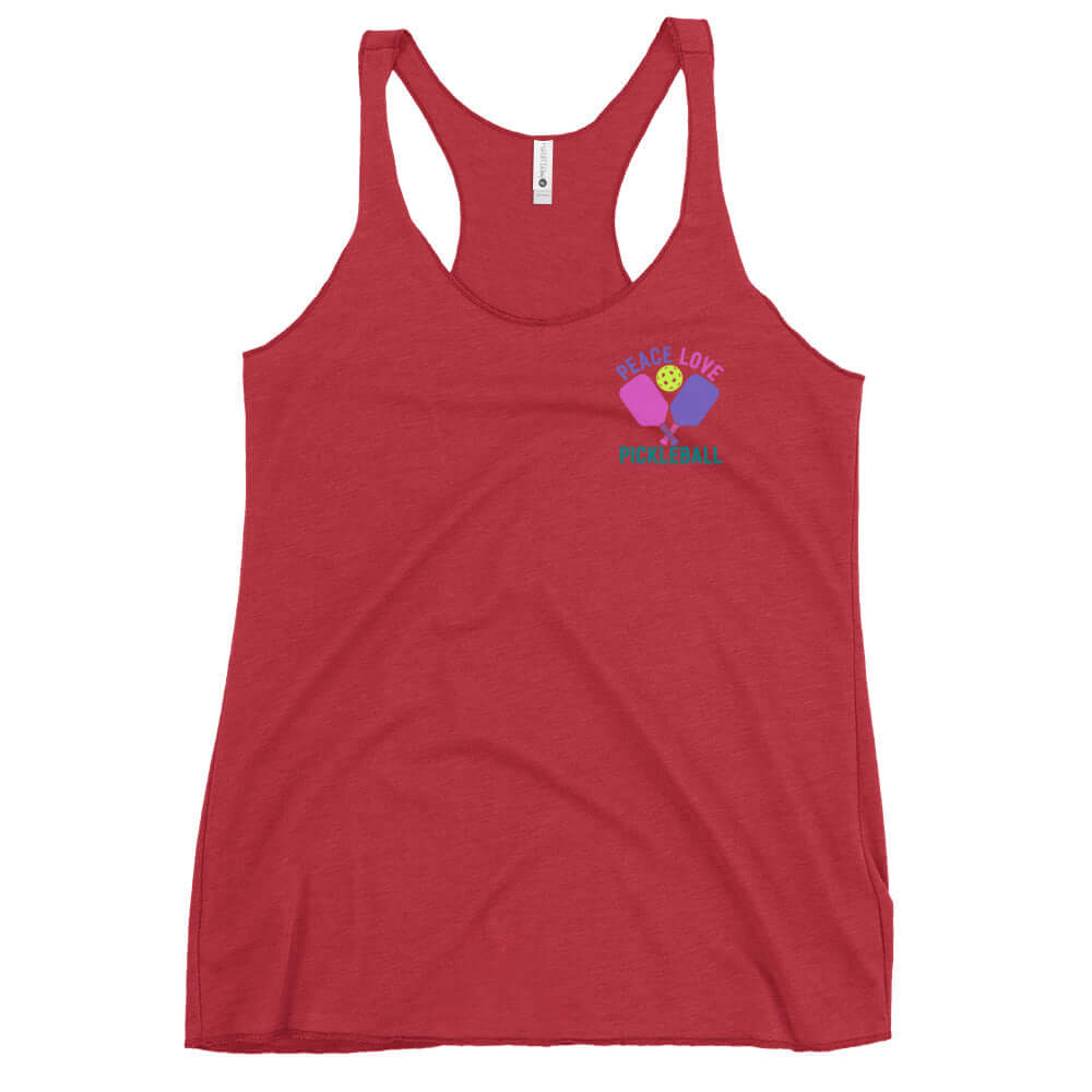 Women's red racerback tank top featuring Peace, Love, Pickleball graphic for active wear.