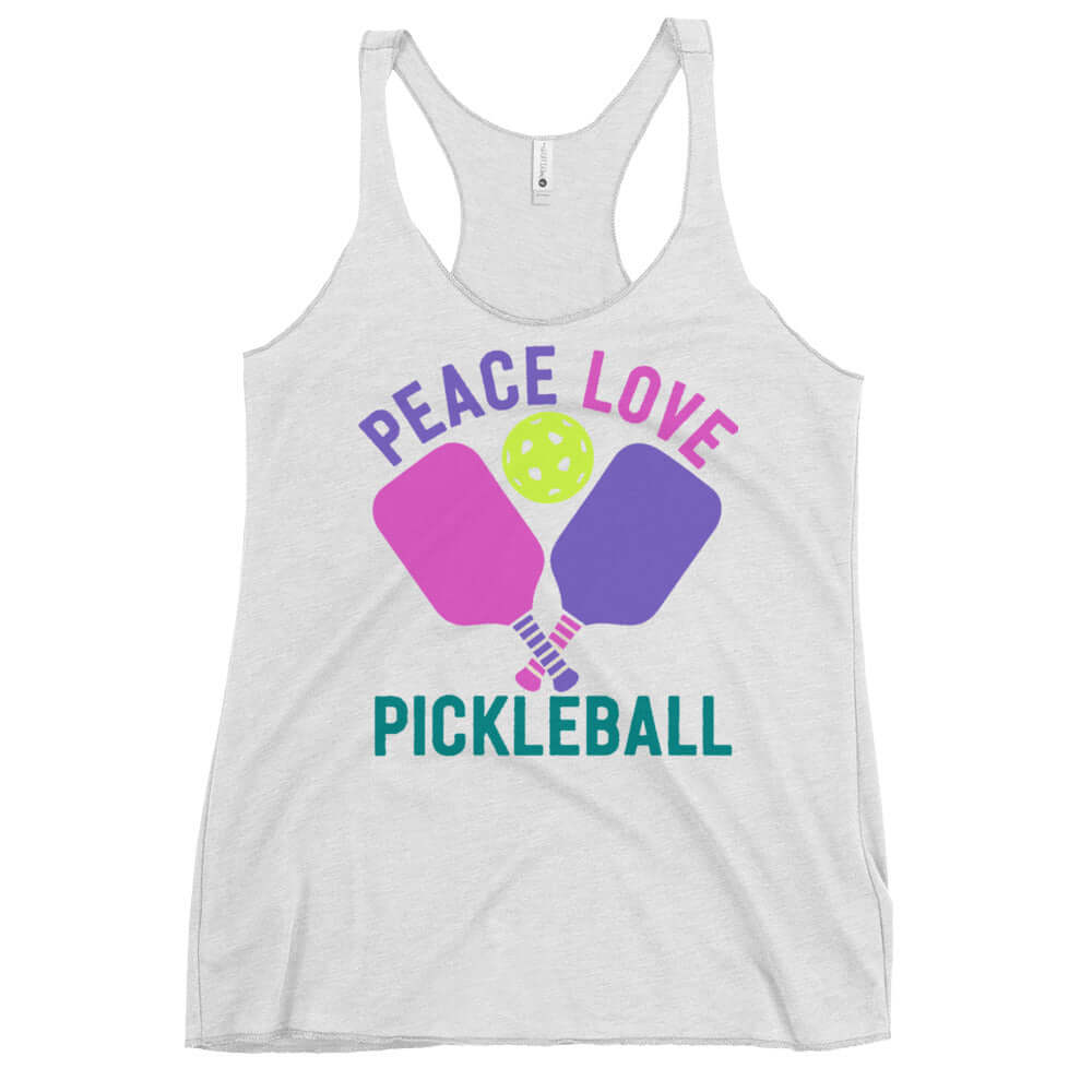 Women's gray racerback tank top with "Peace Love Pickleball" graphic and paddles design.