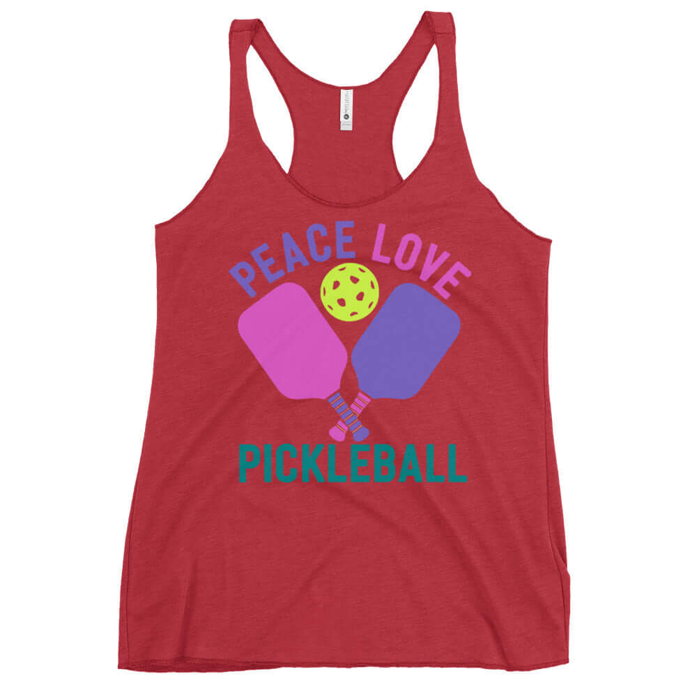 Red women's racerback tank top featuring 'Peace Love Pickleball' graphic with paddles and a pickleball.