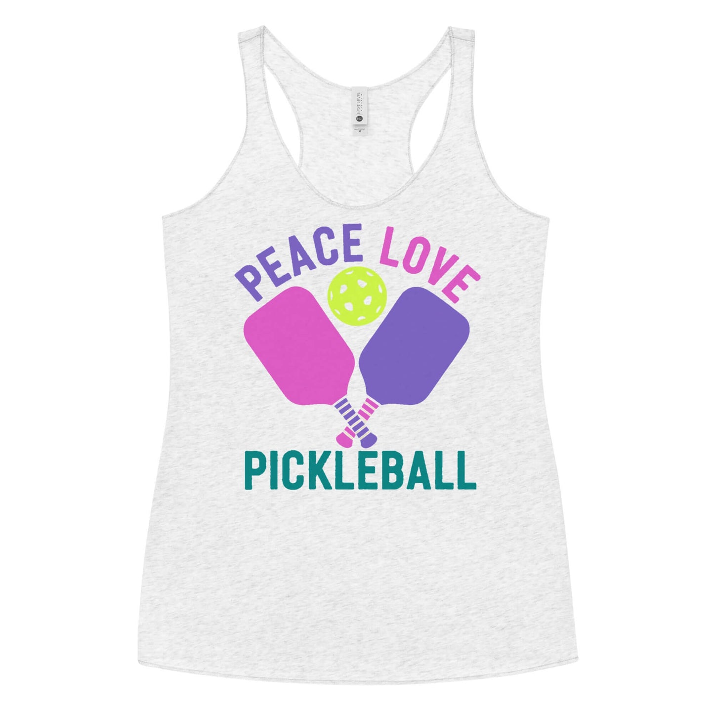 Women's peace love pickleball racerback tank featuring colorful paddles and ball design.