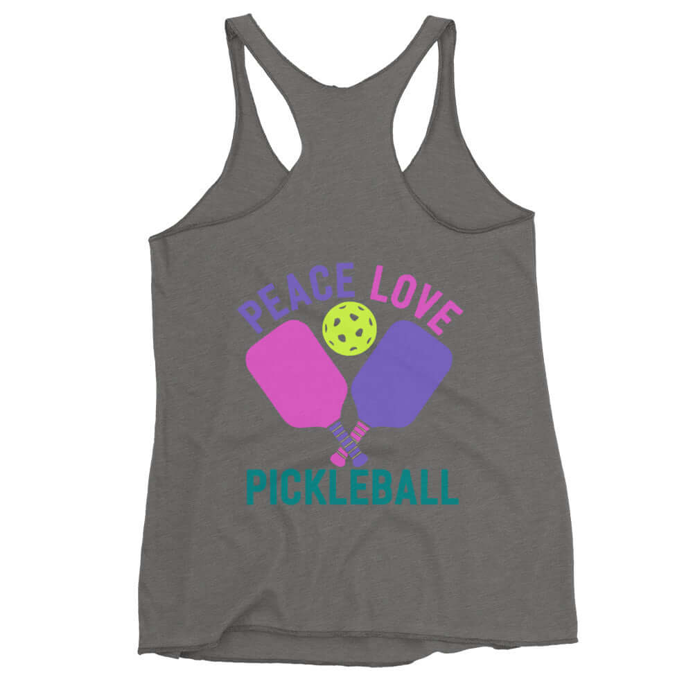 Women's racerback tank top featuring pickleball paddles and the text 'Peace Love Pickleball'.
