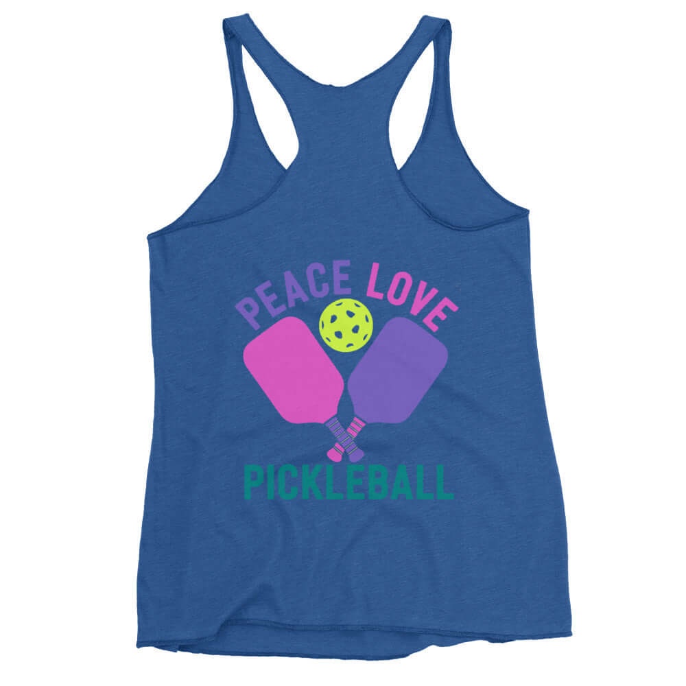Blue racerback tank top featuring pickleball paddles and a ball with the text 'Peace Love Pickleball'.