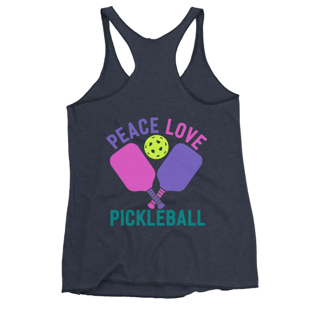 Women's racerback tank featuring colorful pickleball paddles with 'Peace Love Pickleball' text.
