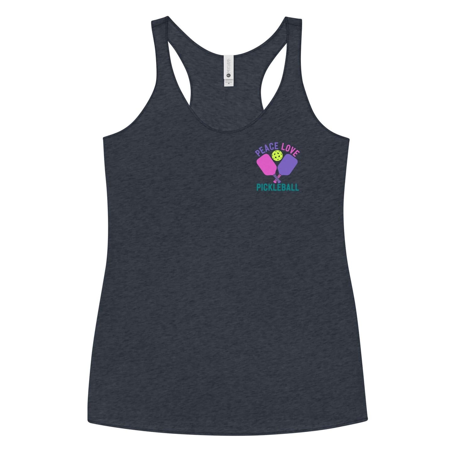 Women's dark gray racerback tank top featuring 'Peace Love Pickleball' graphic design.