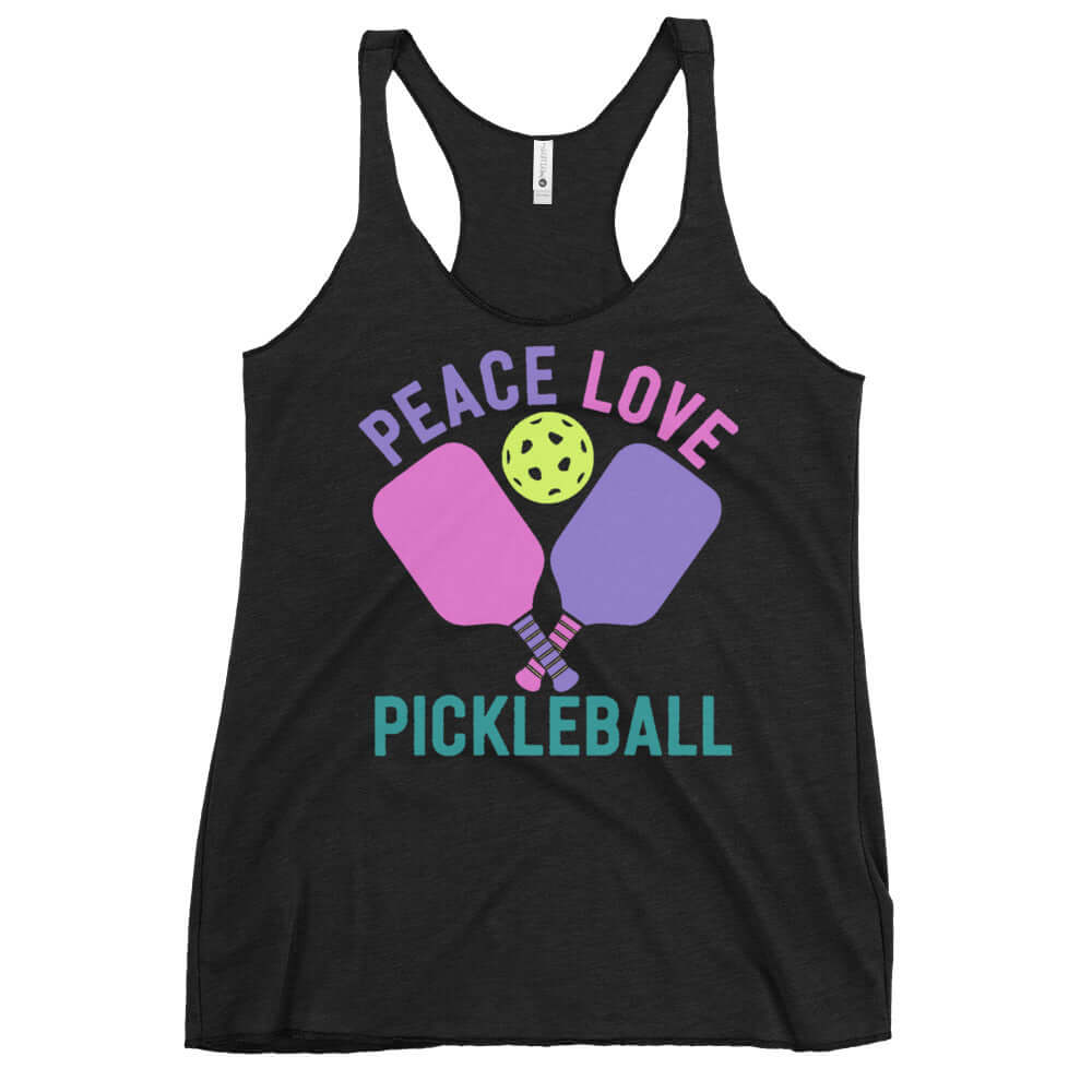 Women's black racerback tank top with 'Peace, Love, Pickleball' graphic design and paddles.