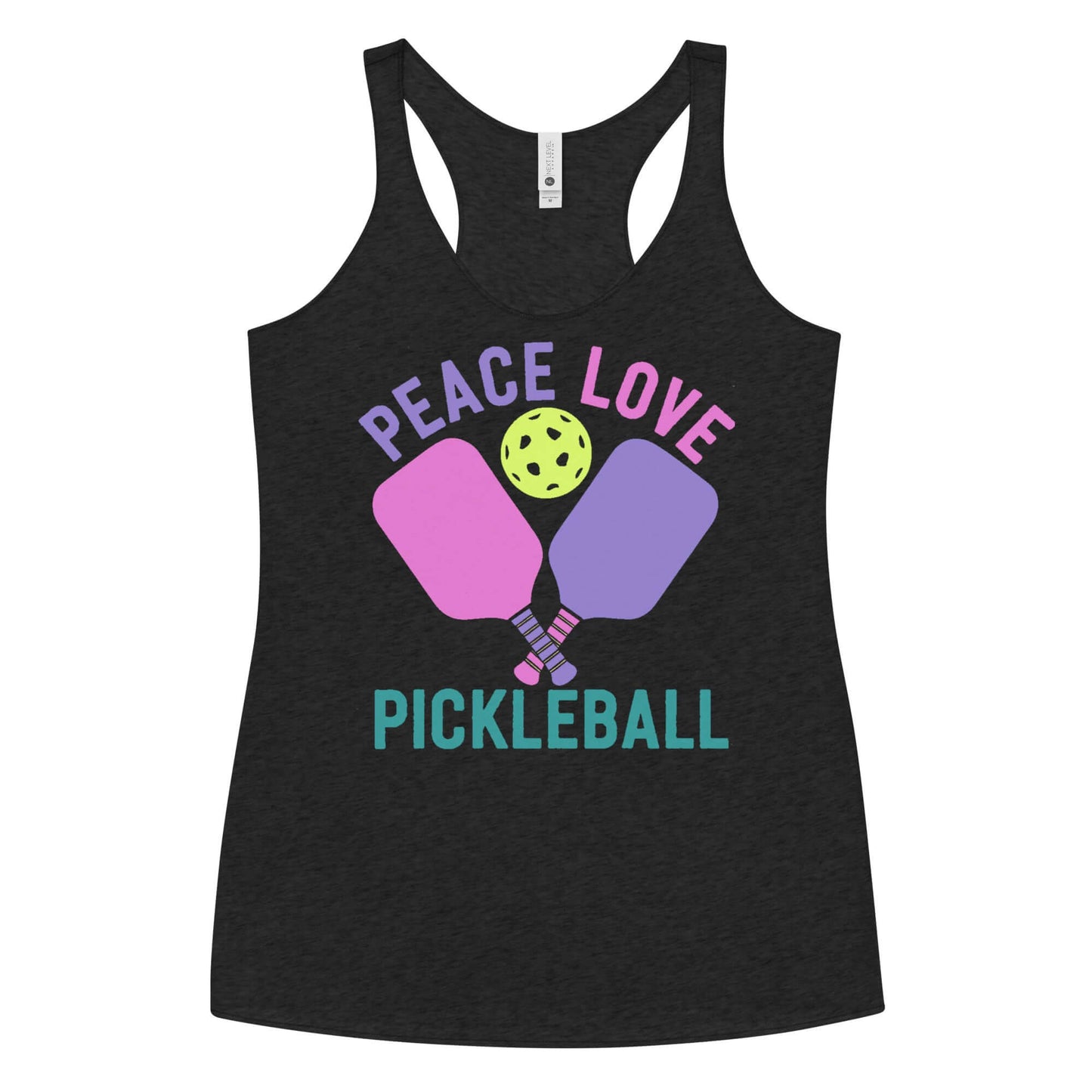 Women's Peace, Love, Pickleball racerback tank featuring colorful paddles and a pickleball graphic.