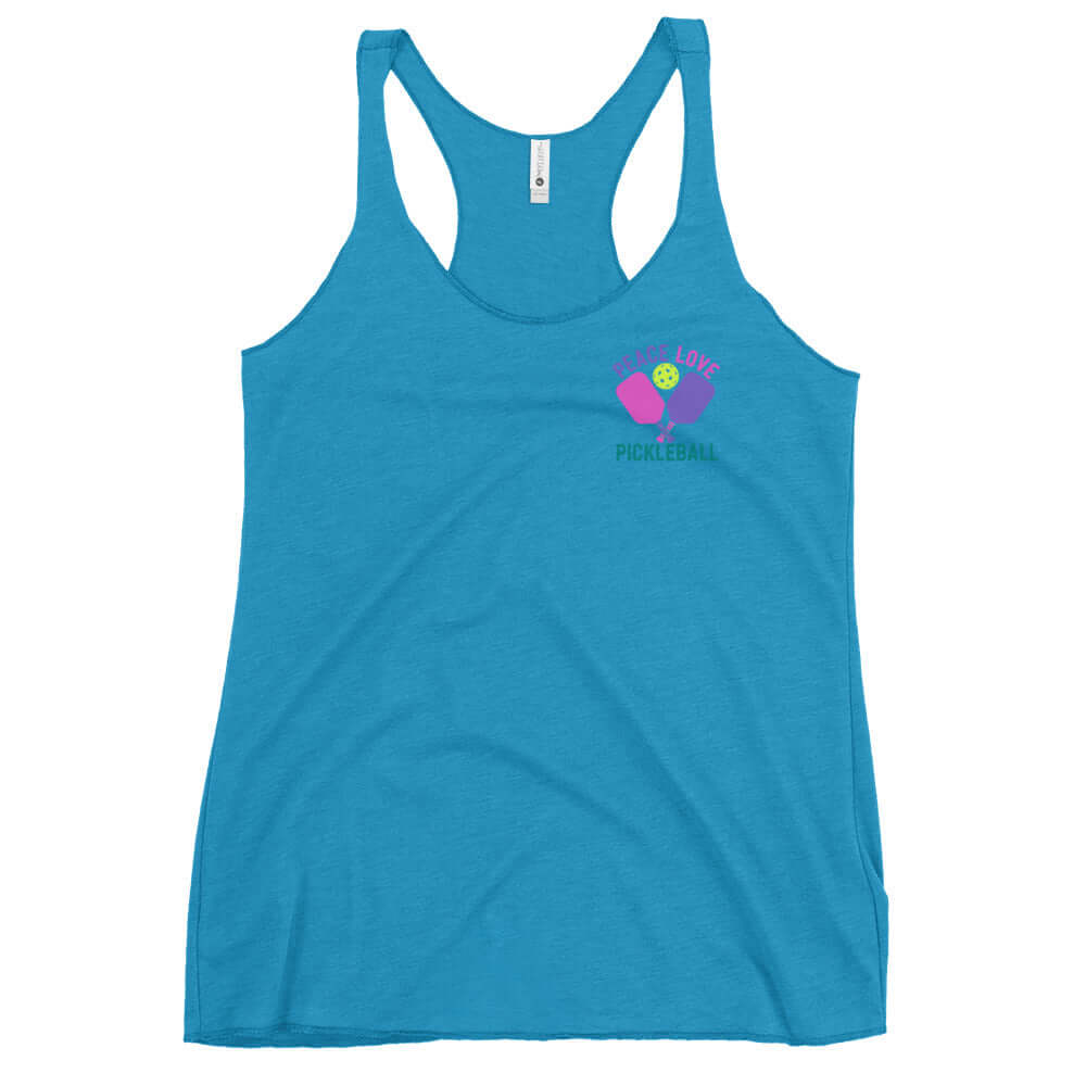 Women's blue racerback tank top with 'Peace Love Pickleball' graphic design.