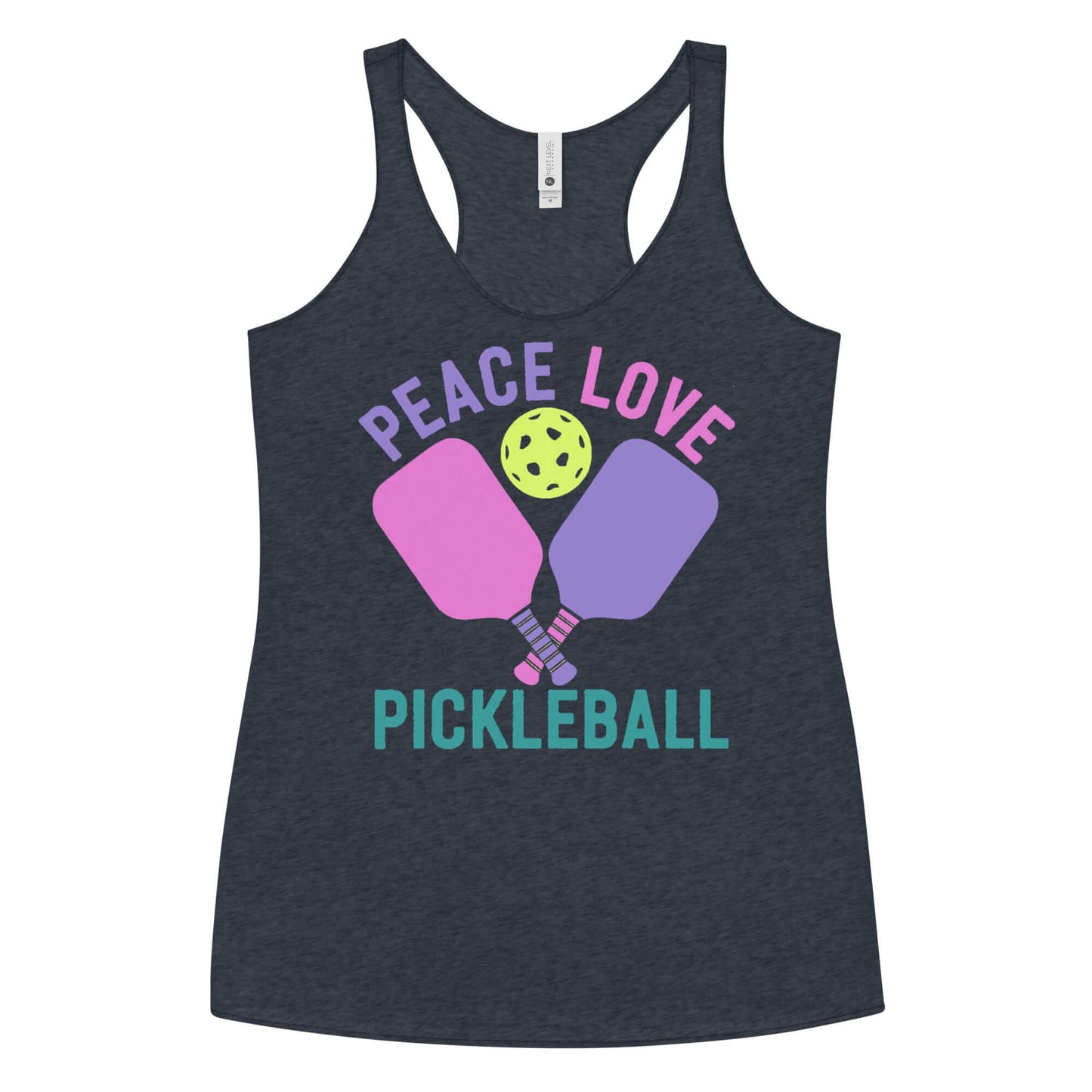 Women's Peace, Love, Pickleball Racerback Tank featuring colorful pickleball paddles and ball design.