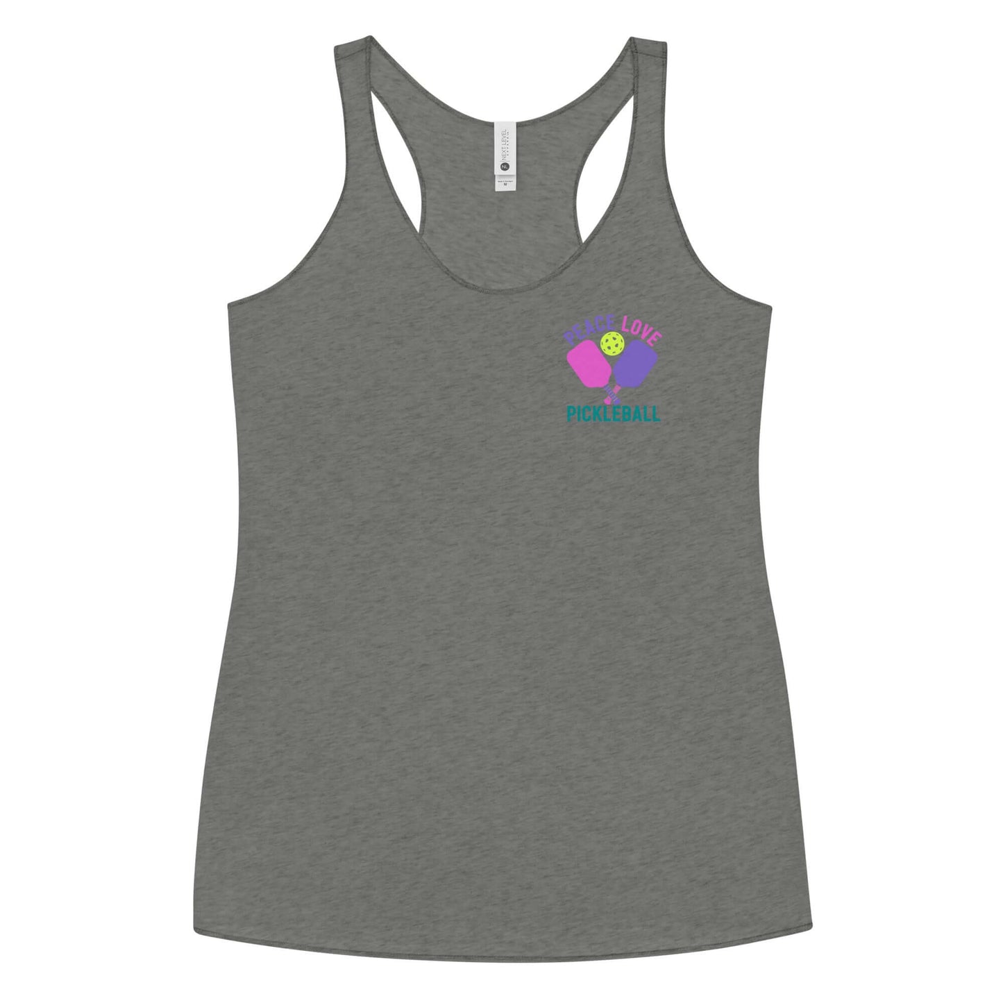 Women's gray racerback tank top featuring 'Peace, Love, Pickleball' graphic for activewear or casual outings.