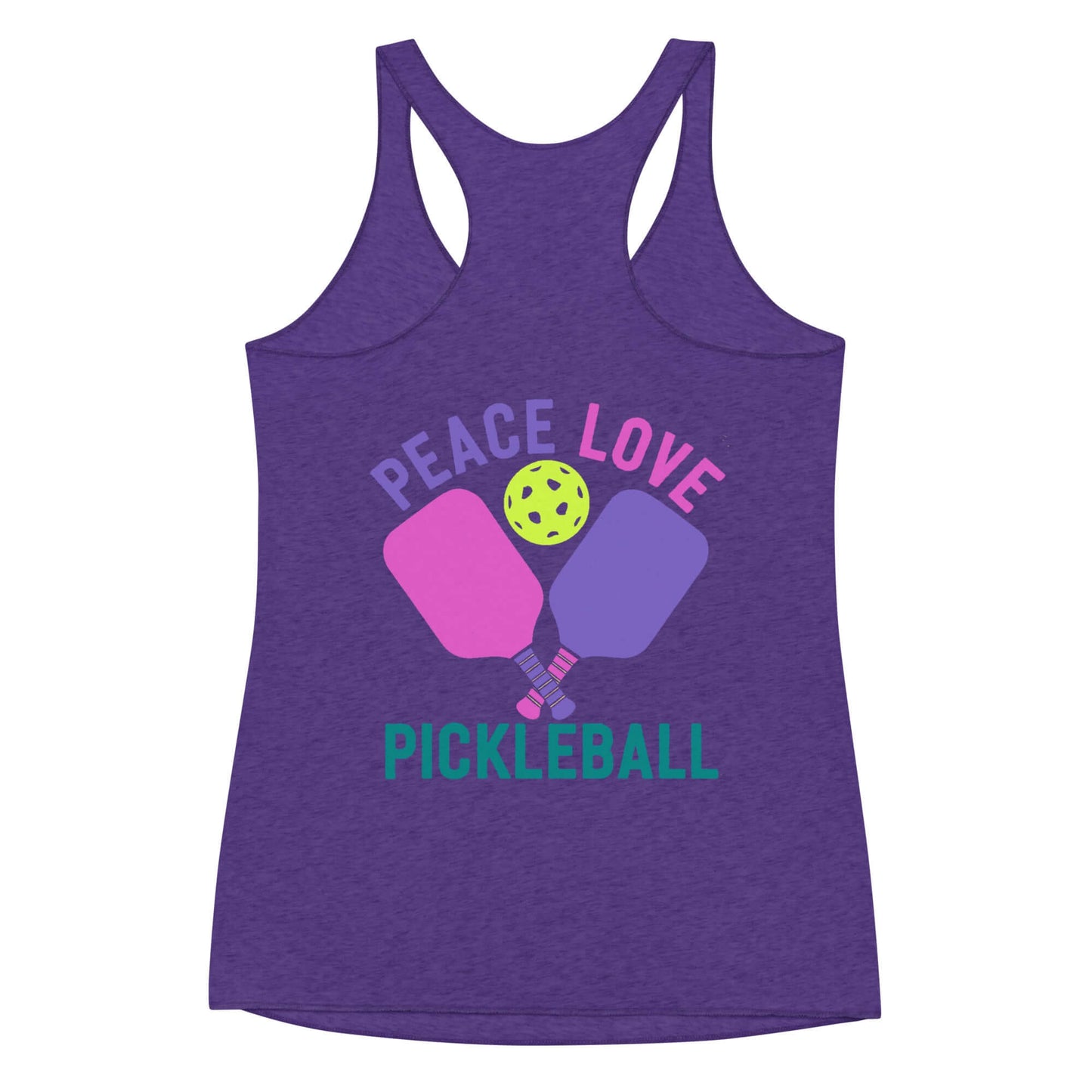 Women's racerback tank top featuring 'Peace Love Pickleball' design in purple.