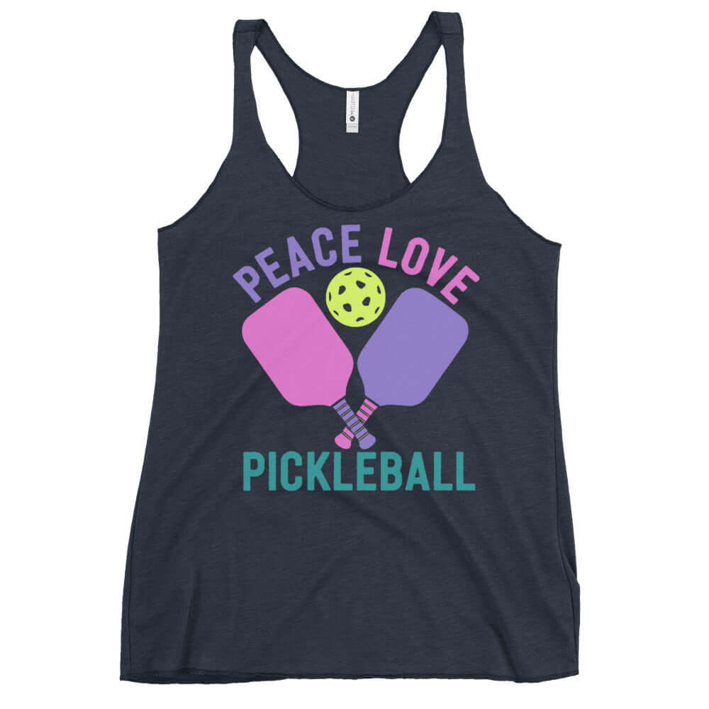 Women's Peace, Love, Pickleball Racerback Tank with colorful paddles and ball design, perfect for stylish play.