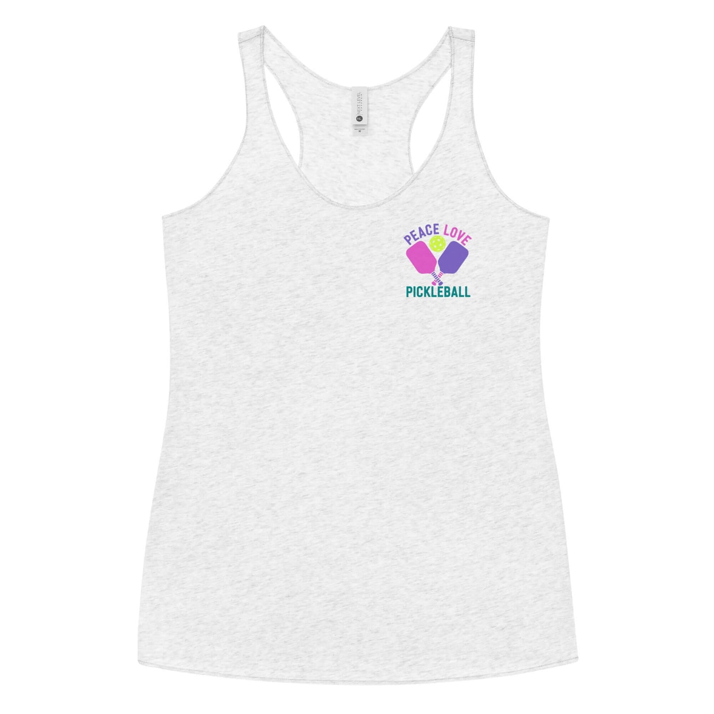 Women's Peace Love Pickleball Racerback Tank top in heather gray, featuring colorful graphic design.