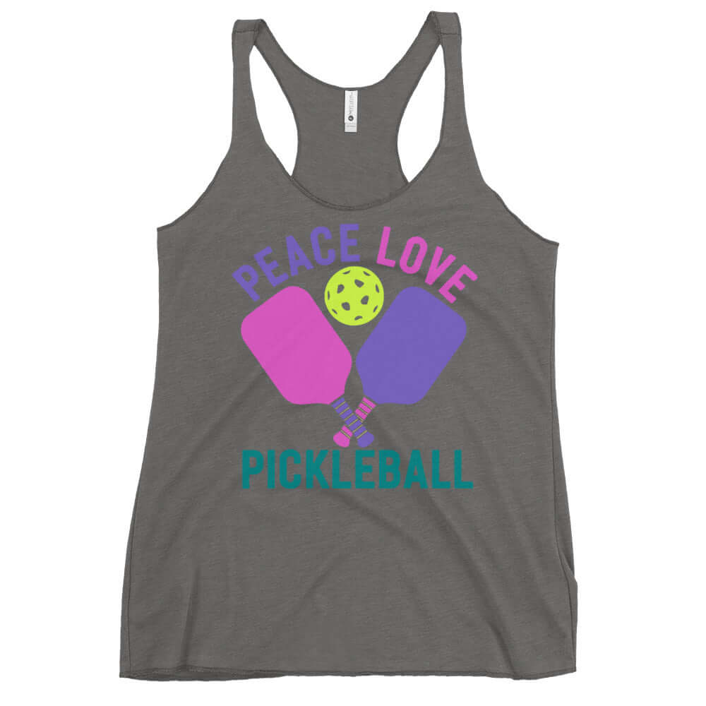Women's Peace, Love, Pickleball Racerback Tank features paddles and a pickleball design, perfect for stylish gameplay.
