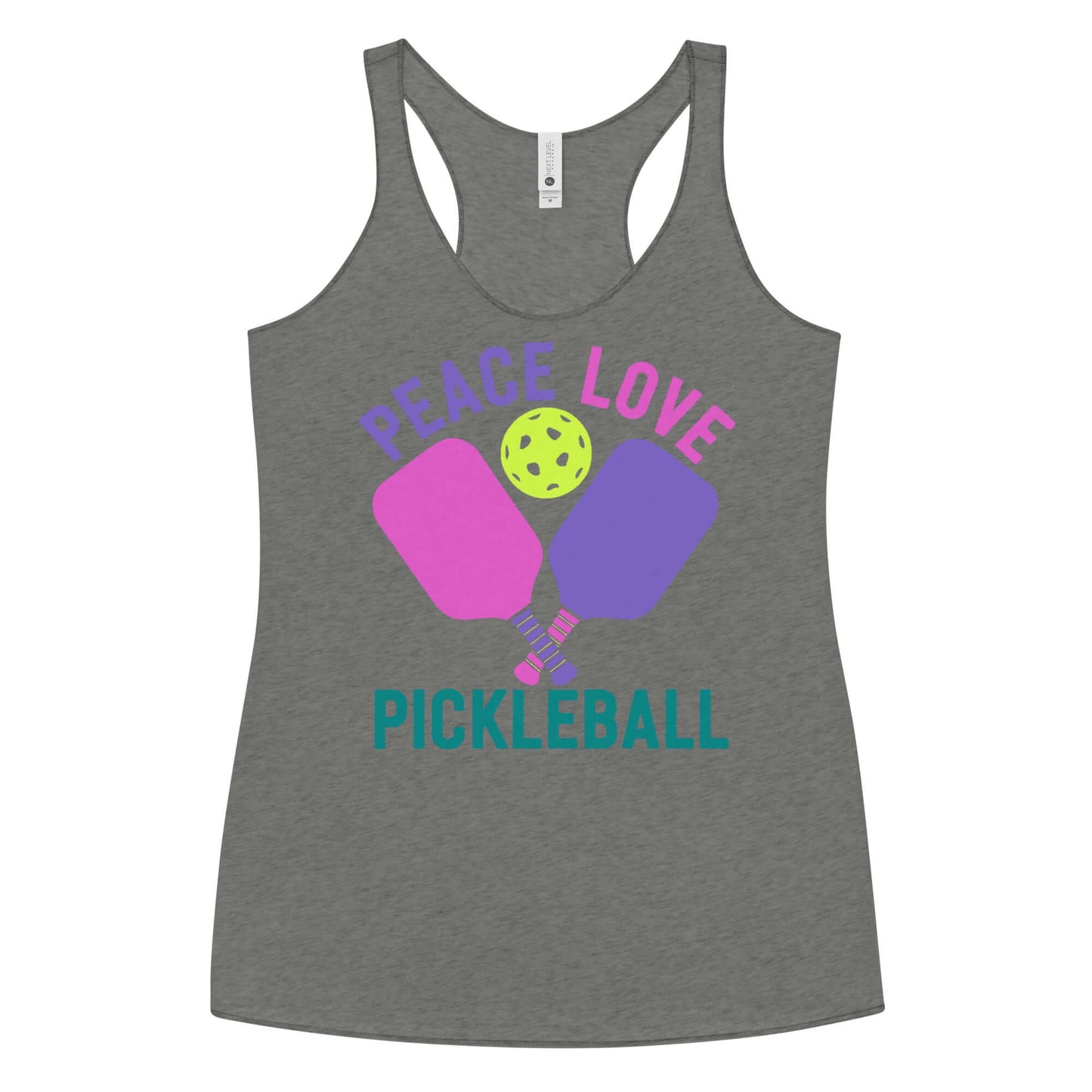 Women's Peace, Love, Pickleball Racerback Tank featuring colorful paddles and a pickleball graphic.