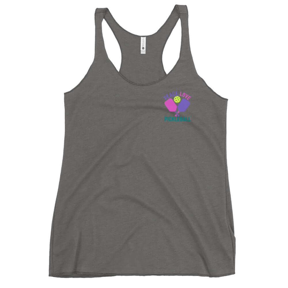 Women's Peace, Love, Pickleball Racerback Tank in gray, featuring vibrant graphic design for active and casual wear.