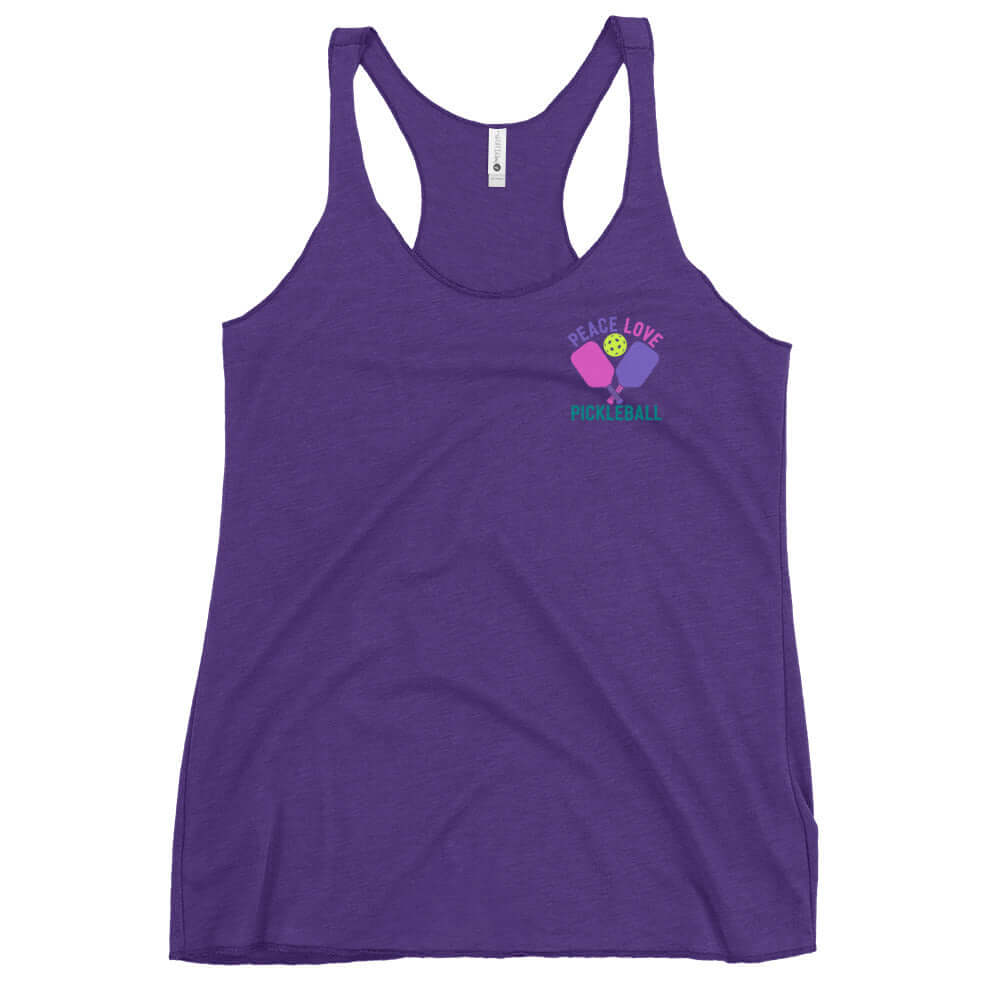 Women's purple racerback tank top with 'Peace Love Pickleball' graphic design.