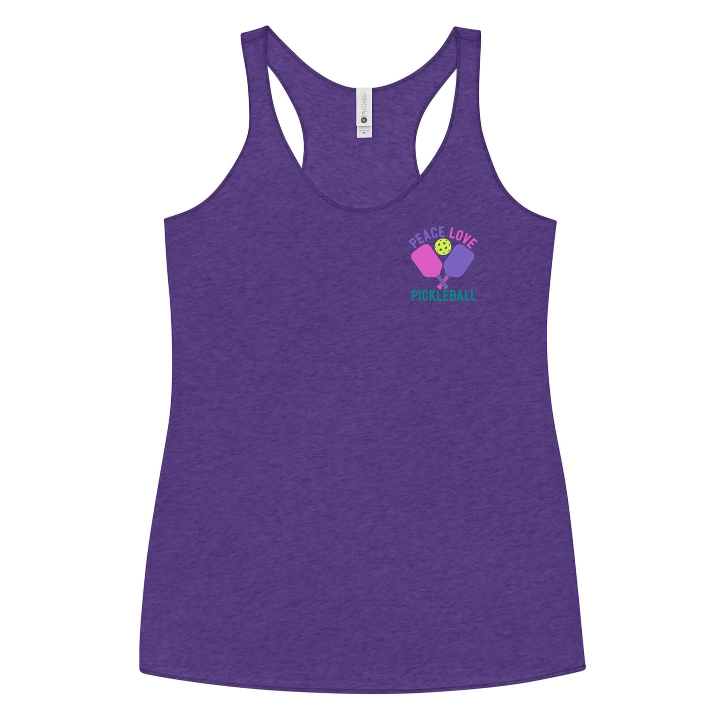 Women's purple Peace, Love, Pickleball racerback tank for comfort and style on and off the court.