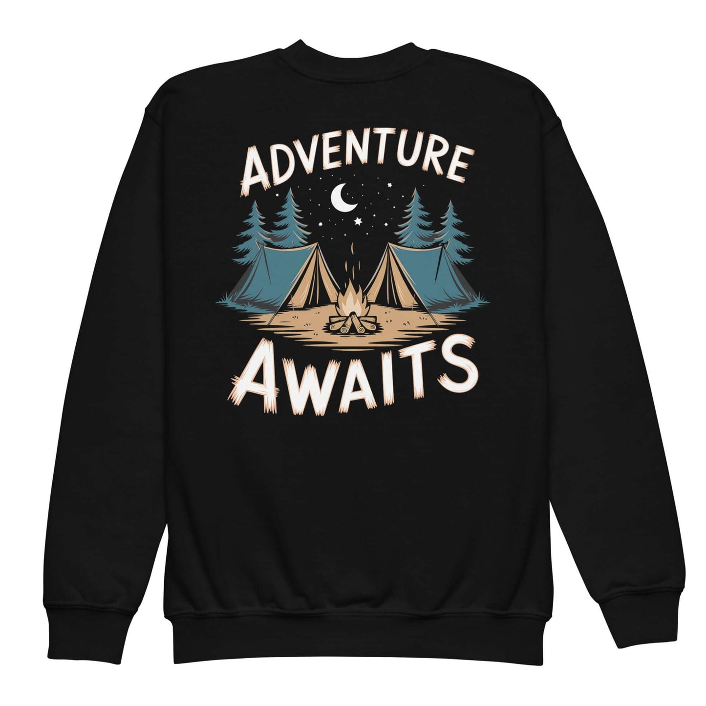 Youth crewneck sweatshirt featuring camping design with the text 'Adventure Awaits' and tents under a night sky.
