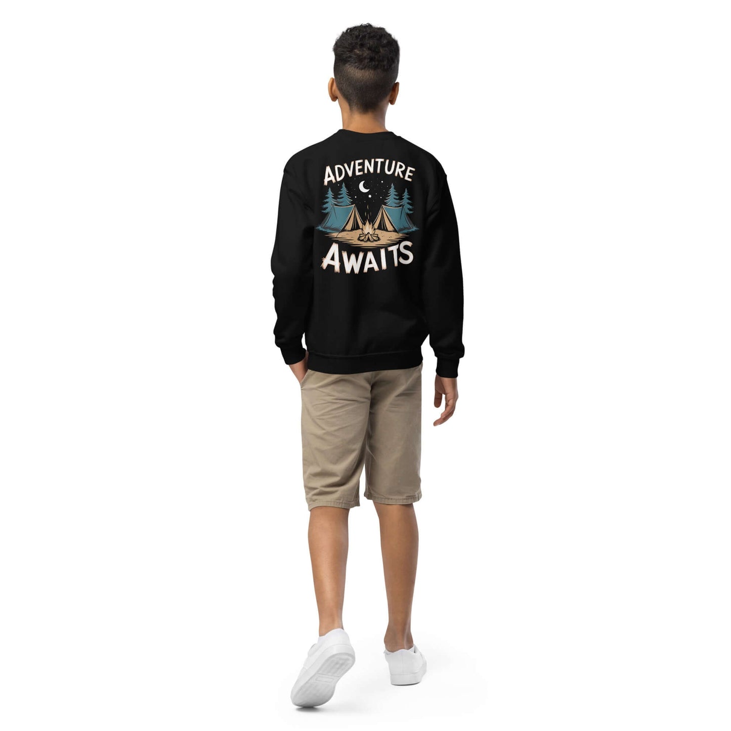 Youth crewneck sweatshirt with 'Adventure Awaits' design, perfect for camping and outdoor activities.