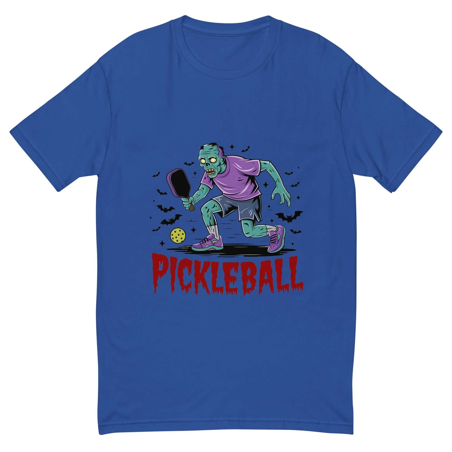 Zombie Pickleball Smash Halloween tee featuring a zombie playing pickleball with bats flying, perfect for spooky sports fans.