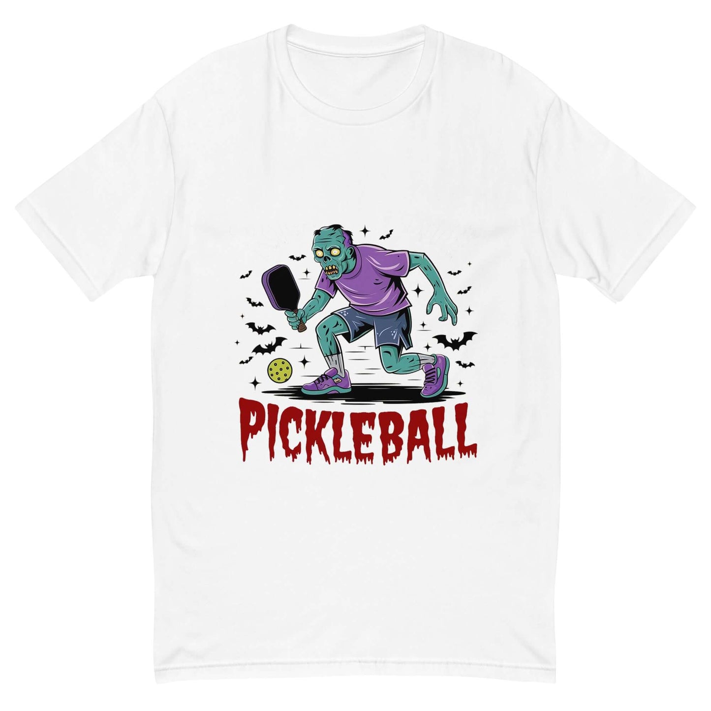 Zombie Pickleball Smash t-shirt featuring a spooky zombie playing pickleball, perfect for Halloween sports enthusiasts.