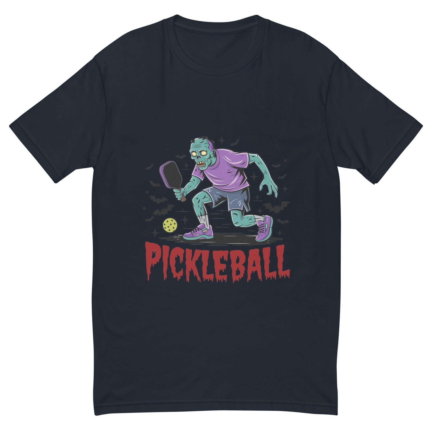 Zombie pickleball t-shirt featuring Halloween-themed illustration on black tee, perfect for haunting the court this spooky season.