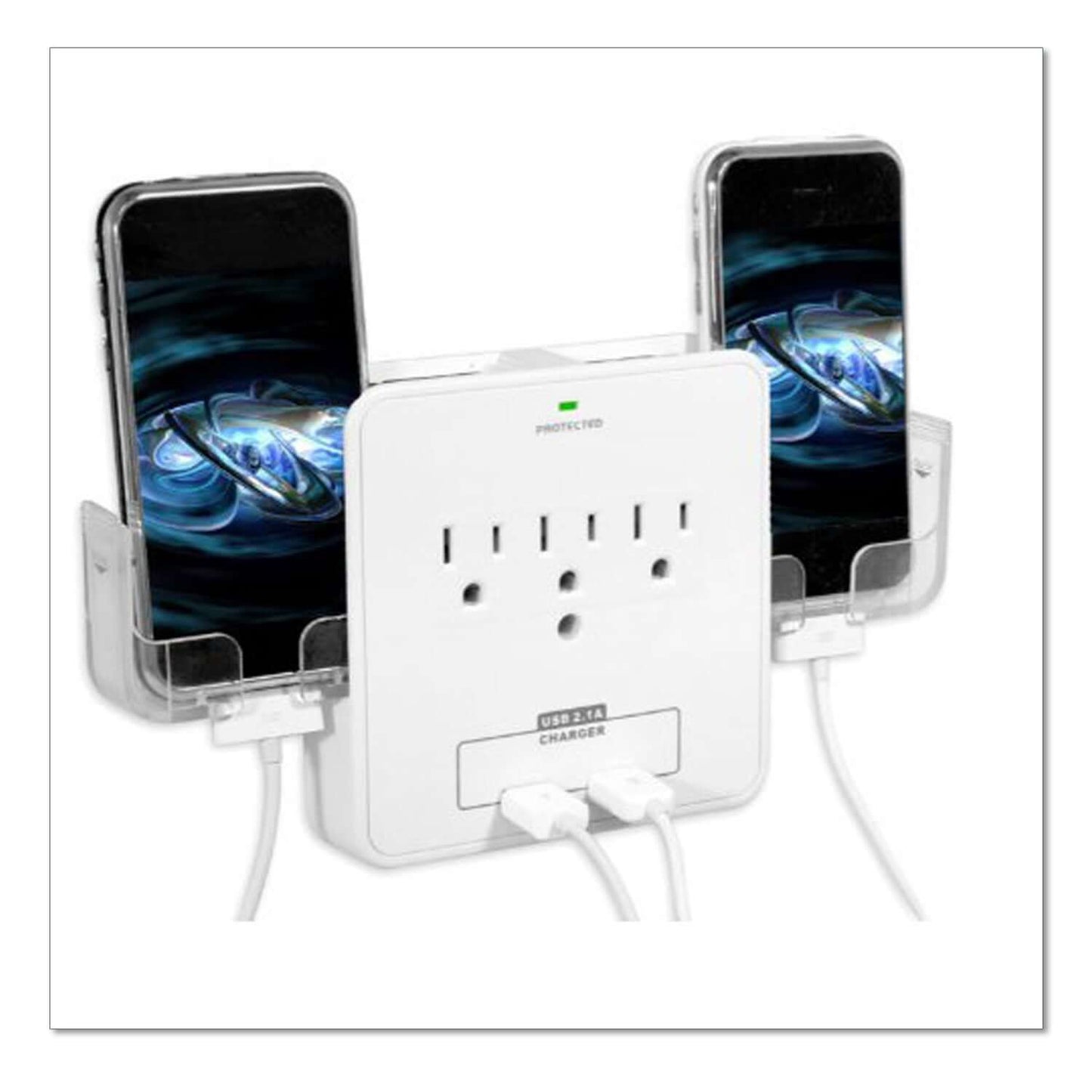Charging station with three outlets and two USB ports charging two smartphones, featuring a sleek design for efficient power management.