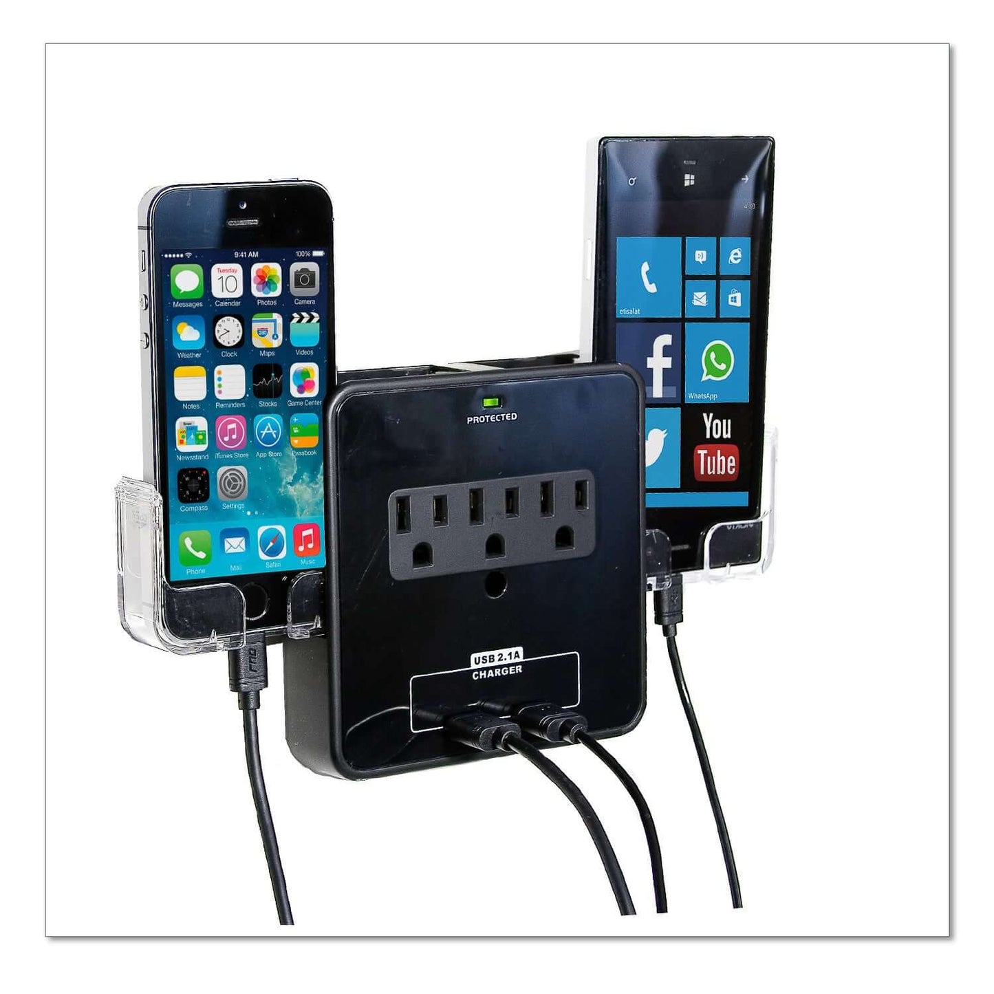 Wall-mounted power station charging two smartphones, featuring three outlets and two USB ports for efficient device charging.