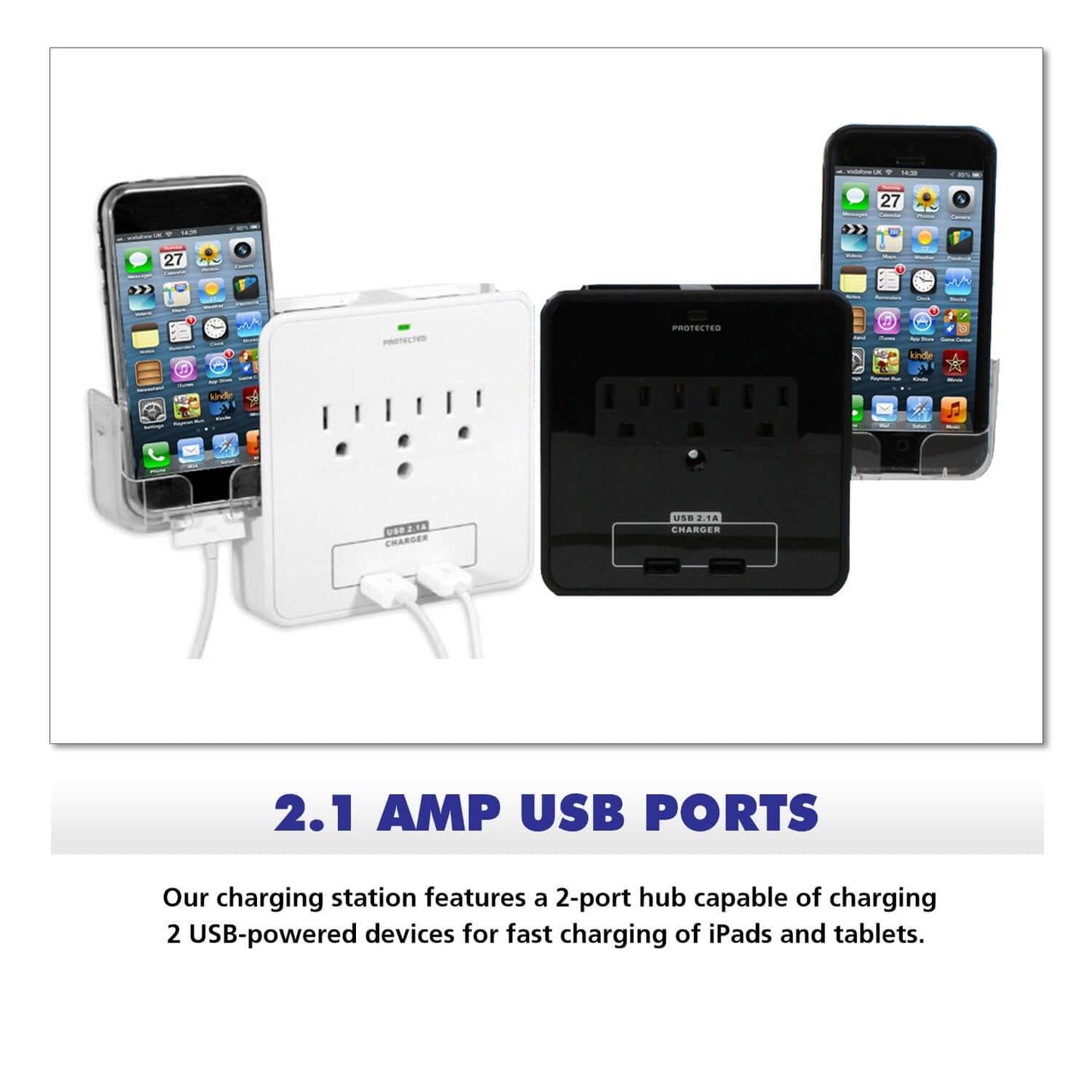 RND Power Solutions 2.1A charging station with 2 USB ports and 3 outlets for cell phones and tablets, featuring sleek black and white designs.