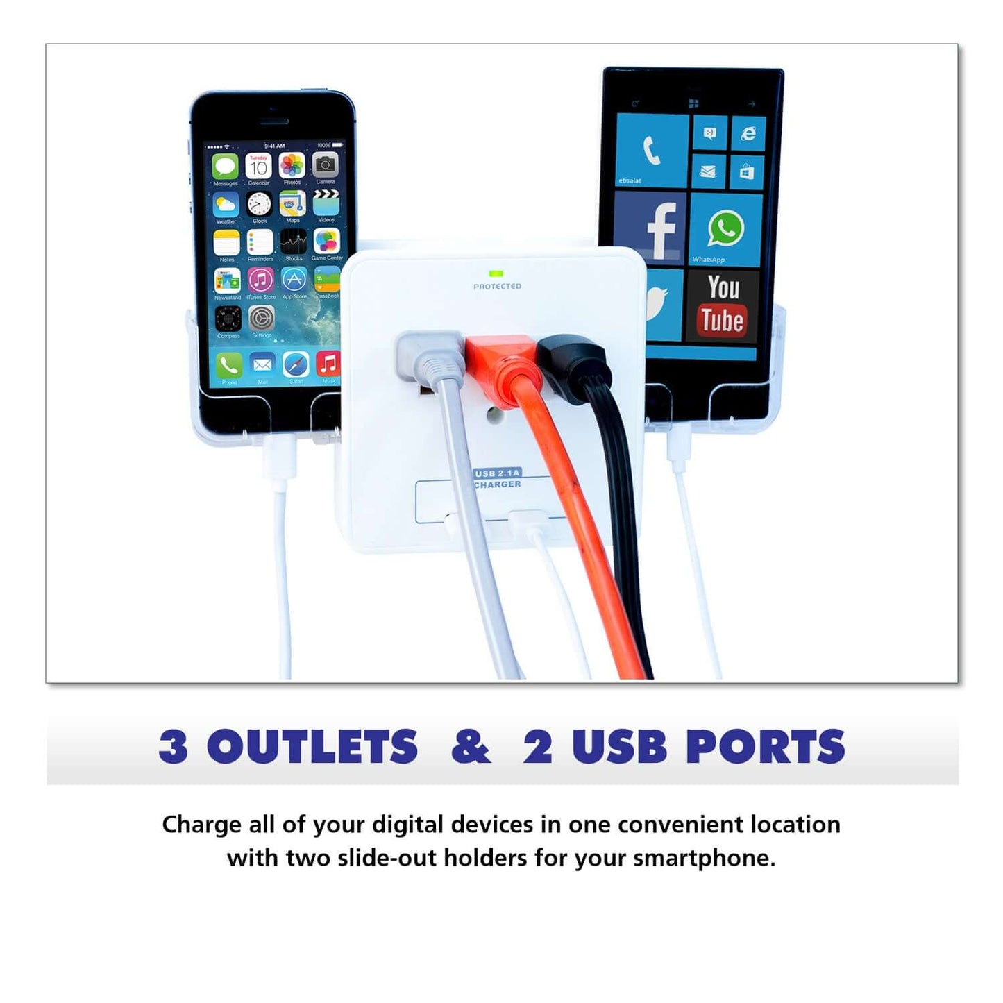 Power station with 3 outlets and 2 USB ports charging smartphones, offering space-saving utility for multiple digital devices.