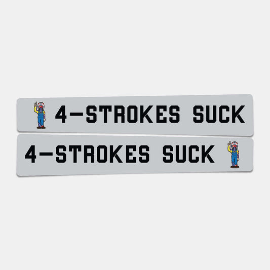 "4-Strokes Suck swingarm dirt bike decals, 15-inch universal fit for big bikes, set of 2, adds power enhancement."