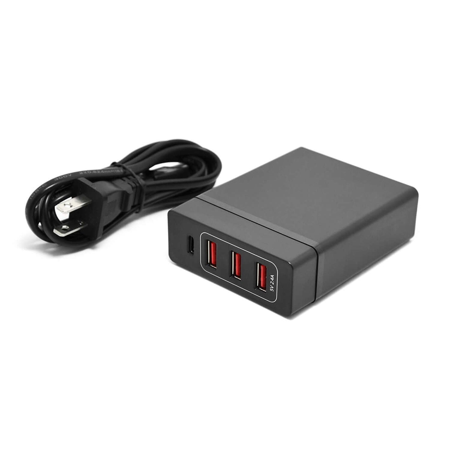 72W charging station with three USB ports and one Type-C port, includes power cord, designed for phones and tablets with safety features.