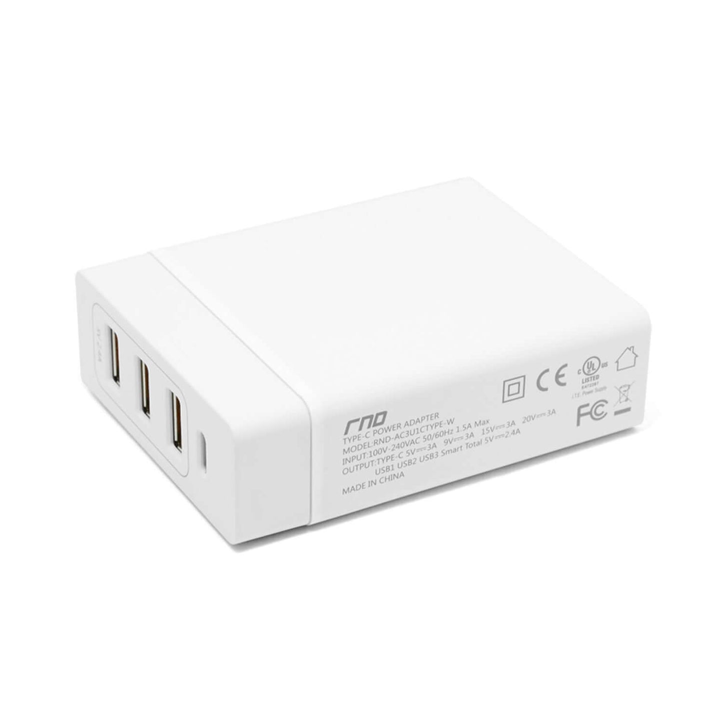 72W charging station with four ports for cell phones and tablets, featuring overcharge and short-circuit protection.