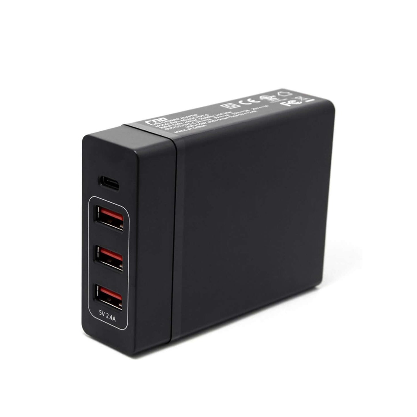 72W charging station with three USB fast-charging ports and a USB-C port, offering safe charging for cell phones and tablets.