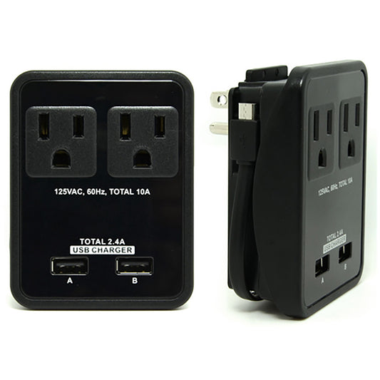 Compact Power Station 2.4 Amp Dual USB Ports, 2 AC Outlet Wall Charger with an attached 7 inch Micro USB cable by RND - RND Power Solutions - 1
