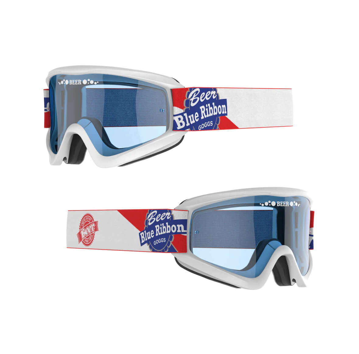 Blue Beer Ribbon Goggles with polycarbonate lenses and Polyflex frame for comfort in sports like moto, snow, and biking.