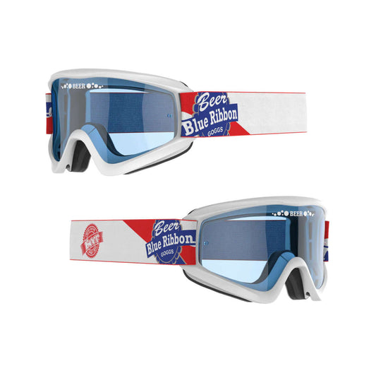 Blue Beer Ribbon Goggles with polycarbonate lenses and Polyflex frame for comfort in sports like moto, snow, and biking.