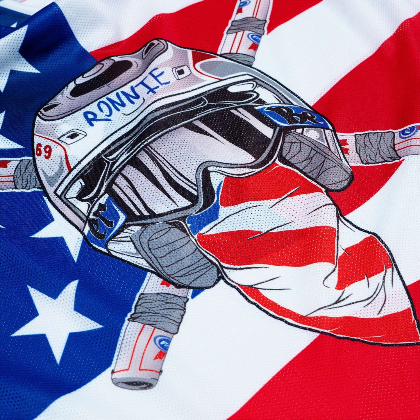 Crossbones Merica Jersey with American flag and helmet design featuring Ronnie Mac graphics.