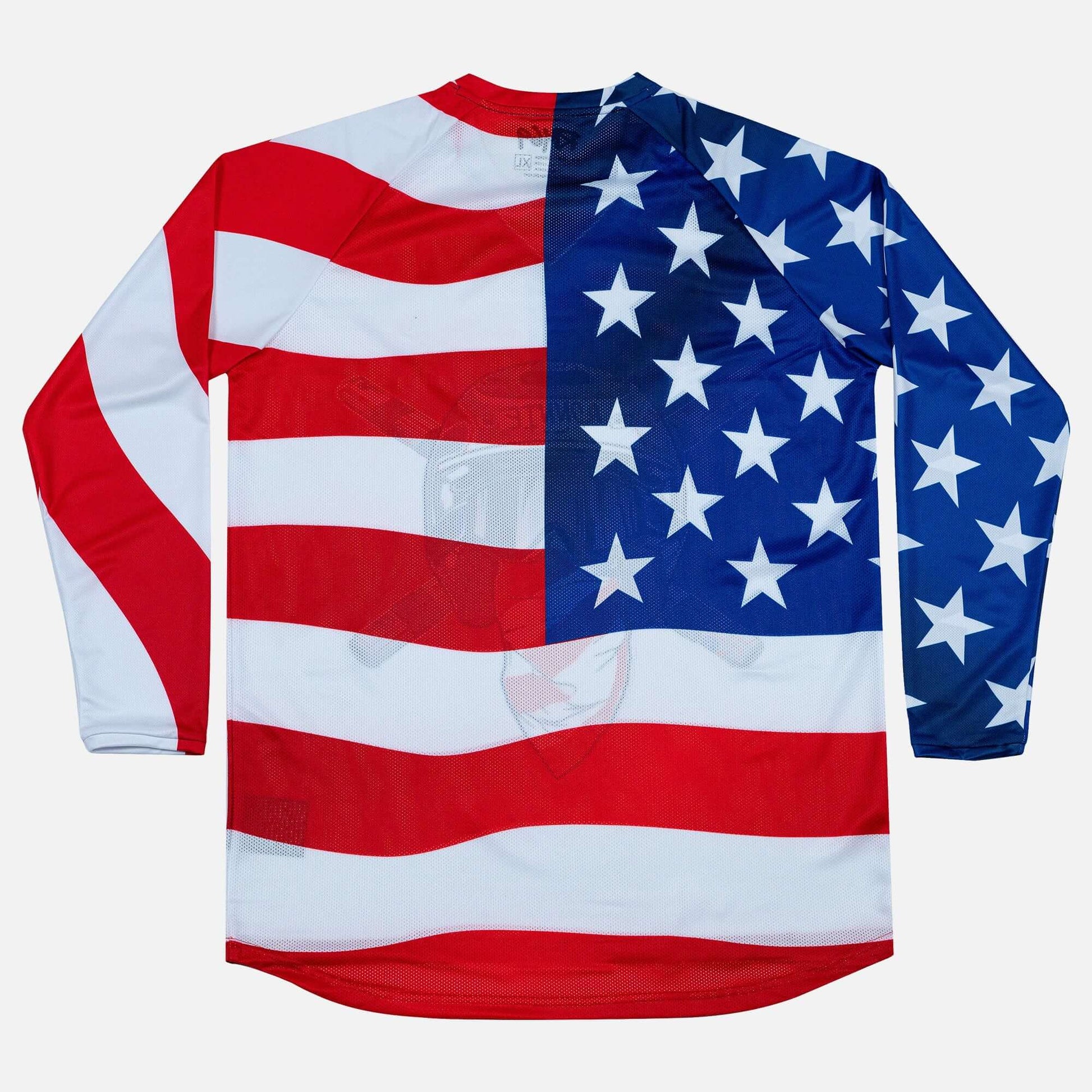 American flag Crossbones Merica Jersey, showcasing stars and stripes design with vented polyester mesh for breathability.