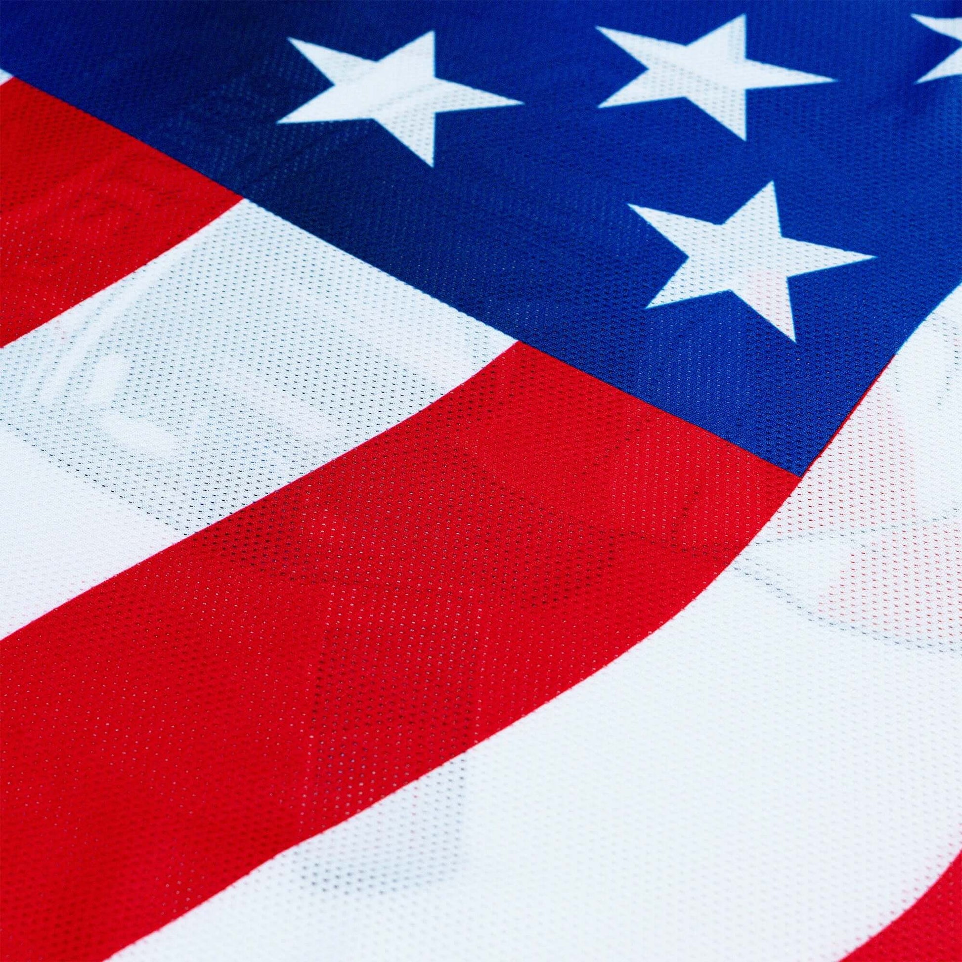 American flag design on Crossbones Merica Jersey's vented polyester mesh fabric, showcasing stars and stripes pattern.