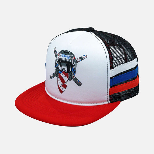 Crossbones red, white, and blue trucker hat with foam front and classic style, perfect for casual wear or motocross events.